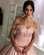 Load image into Gallery viewer, Lace Flowers Sweetheart Off The Shoulder Ball Gowns Wedding Dresses Satin
