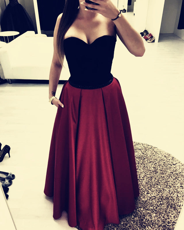 Black Sweetheart Beaded Sashes Prom Satin Dress Floor Length