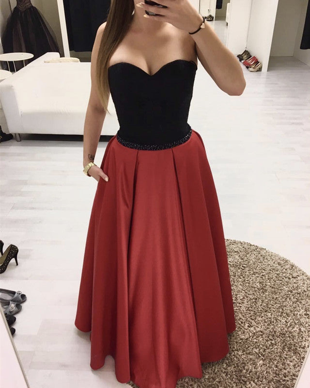 Black Sweetheart Beaded Sashes Prom Satin Dress Floor Length