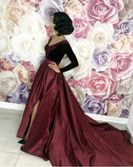 Load image into Gallery viewer, Velvet Long Sleeves Satin Prom Dresses Leg Slit Evening Gowns
