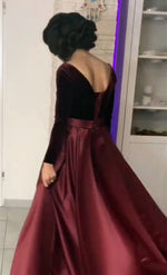 Load image into Gallery viewer, Velvet Long Sleeves Satin Prom Dresses Leg Slit Evening Gowns
