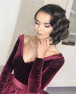 Load image into Gallery viewer, Velvet Long Sleeves Satin Prom Dresses Leg Slit Evening Gowns
