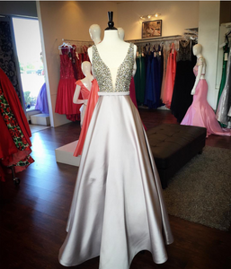 Pearl Beaded V Neck Long Silver Satin Prom Dress Floor Length
