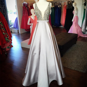 Pearl Beaded V Neck Long Silver Satin Prom Dress Floor Length