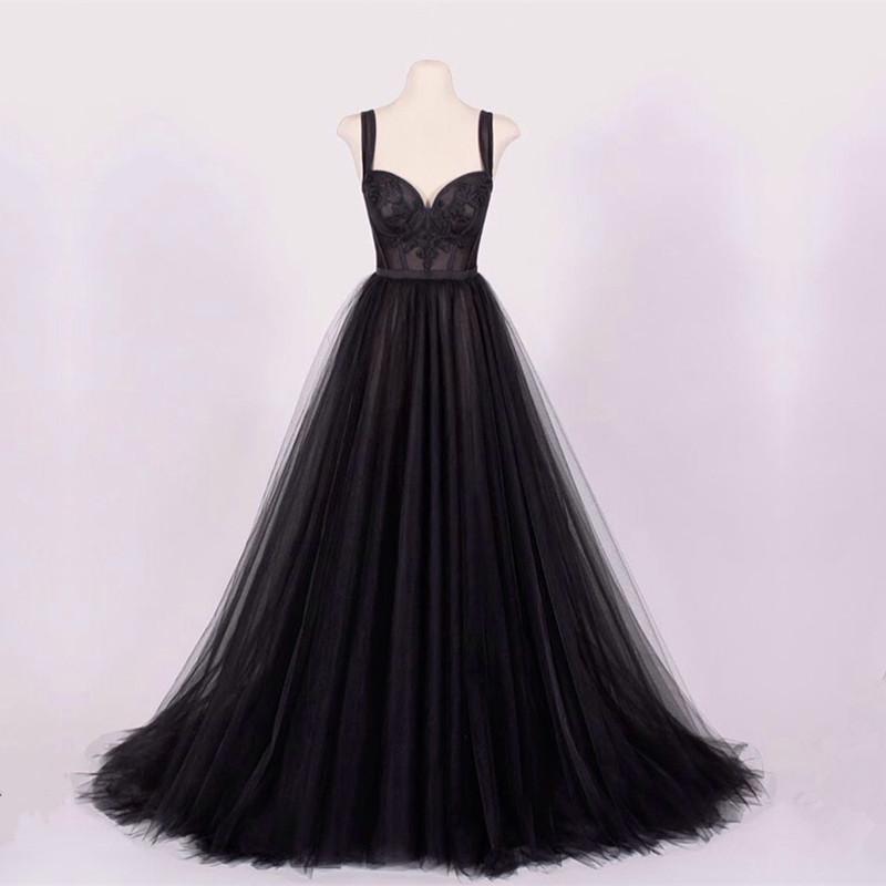 A-line Black Tulle Sweetheart Prom Dresses Lace Appliques-evening dresses-alinanova-black-2-coloredwedding