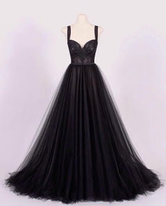 A-line Black Tulle Sweetheart Prom Dresses Lace Appliques-evening dresses-alinanova-coloredwedding