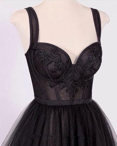 A-line Black Tulle Sweetheart Prom Dresses Lace Appliques-evening dresses-alinanova-coloredwedding