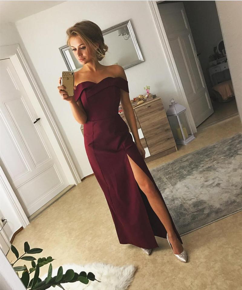 Sexy Off The Shoulder Long Satin Prom Dresses 2018 Slit Evening Gowns
