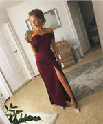 Load image into Gallery viewer, Sexy Off The Shoulder Long Satin Prom Dresses 2018 Slit Evening Gowns
