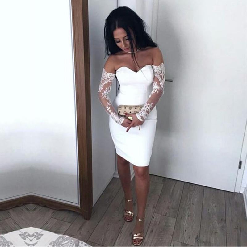 Sexy Off The Shoulder Sheath Cocktail Dresses Lace Long Sleeves Homecoming Dress