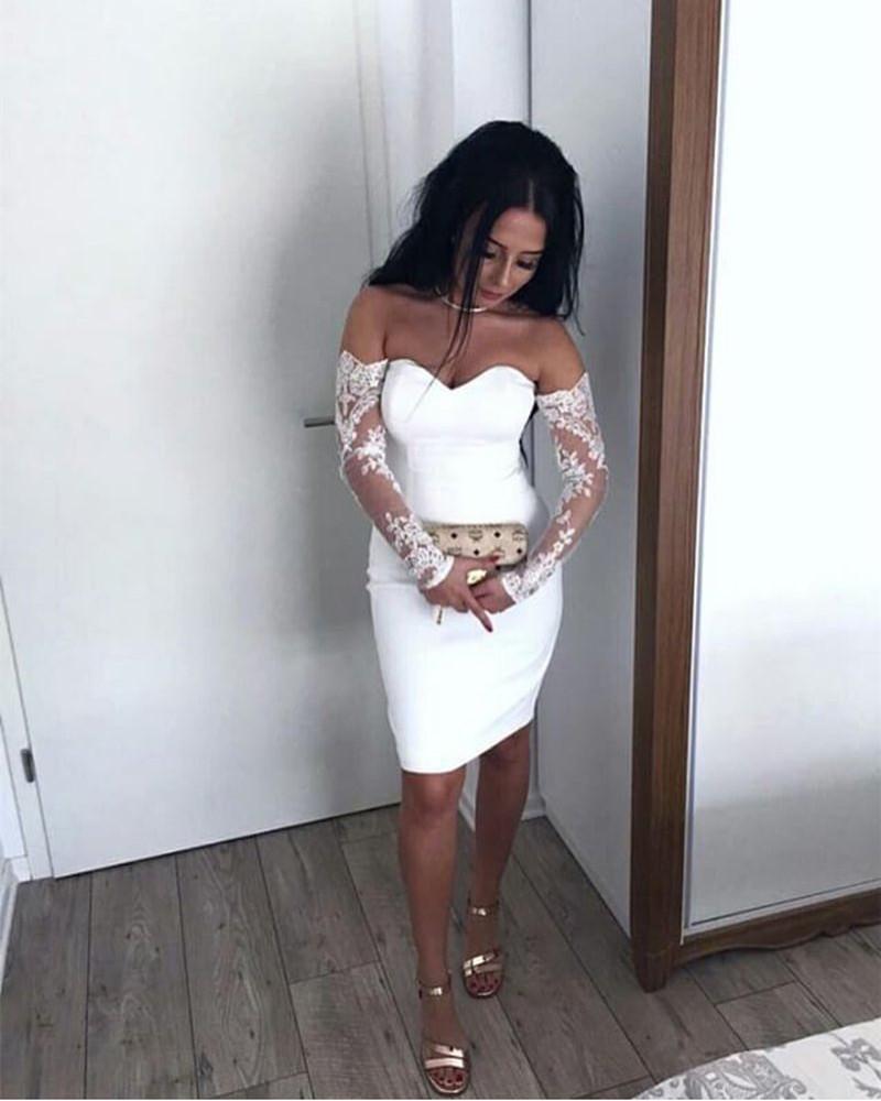 Sexy Off The Shoulder Sheath Cocktail Dresses Lace Long Sleeves Homecoming Dress