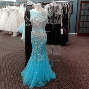 Mint Green Ice Blue Mermaid Evening Dresses Crystal Beaded Prom Gowns