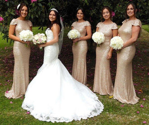 Silver Sequin Cap Sleeves Bridesmaid Dresses Floor Length