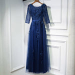 Load image into Gallery viewer, Elegant Lace Appliques Tulle Navy Blue Bridesmaid Dresses With Sleeves
