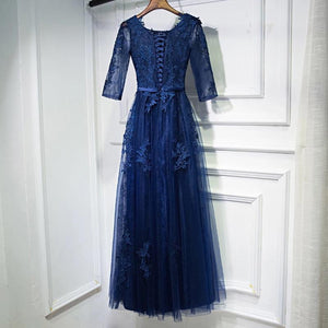 Elegant Lace Appliques Tulle Navy Blue Bridesmaid Dresses With Sleeves