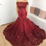 Afbeelding in Gallery-weergave laden, Burgundy Lace off-the-shoulder Evening Dresses Mermaid Prom Gowns
