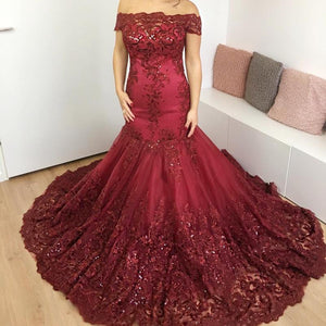 Burgundy Lace off-the-shoulder Evening Dresses Mermaid Prom Gowns