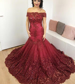 Load image into Gallery viewer, Burgundy Lace off-the-shoulder Evening Dresses Mermaid Prom Gowns
