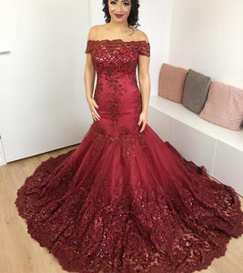 Burgundy Lace off-the-shoulder Evening Dresses Mermaid Prom Gowns
