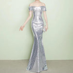Load image into Gallery viewer, V-neck Off The Shoulder Long Sequin Mermaid Bridesmaid Dresses
