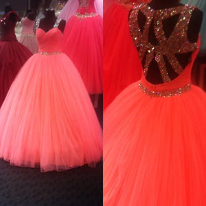 Unique Cross Back Design Tulle Coral Quinceanera Dresses Ball Gowns Crystal Beading