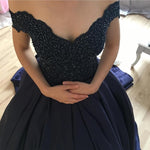 Load image into Gallery viewer, Lace Beaded V-neck Off The Shoulder Ball Gown Satin Prom Dresses
