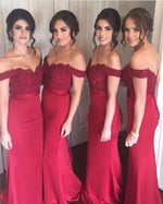 Load image into Gallery viewer, Lace Appliques Off The Shoulder Long Jersey Mermaid Bridesmaid Dresses
