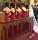 Load image into Gallery viewer, Lace Appliques Off The Shoulder Long Jersey Mermaid Bridesmaid Dresses
