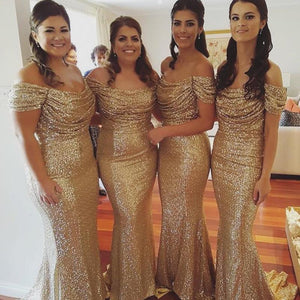 Off The Shoulder Sequin Bridesmaid Dresses Long Mermaid Formal Gowns