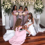 Load image into Gallery viewer, Elegant Off Shoulder Satin Mermaid Bridesmaid Dresses Leg Split
