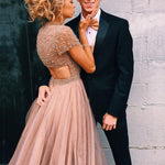 Cargar imagen en el visor de la galería, Stunning Beaded Cap Sleeves Open Back Champagne Prom Dresses 2017
