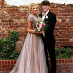 Cargar imagen en el visor de la galería, Stunning Beaded Cap Sleeves Open Back Champagne Prom Dresses 2017
