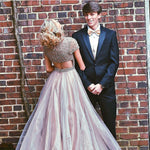 Cargar imagen en el visor de la galería, Stunning Beaded Cap Sleeves Open Back Champagne Prom Dresses 2017
