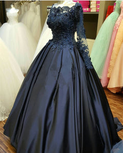 elegant lace beaded navy blue satin ball gowns long sleeves evening prom dresses