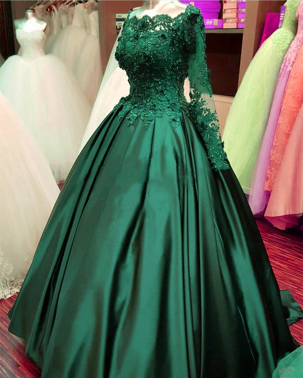 Lace Flowers Beaded Long Sleeves Satin Wedding Dresses Ball Gowns 2017