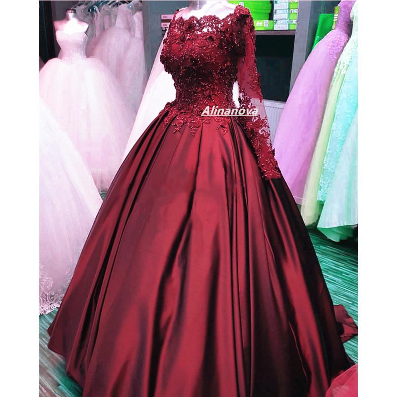 Lace Flowers Beaded Long Sleeves Satin Wedding Dresses Ball Gowns 2017