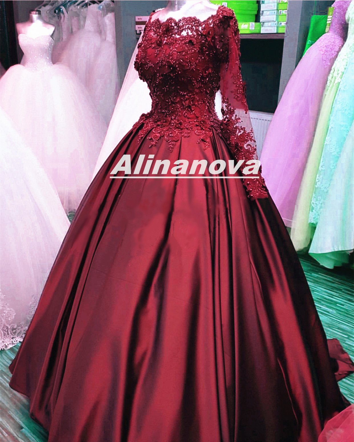 Lace Flowers Beaded Long Sleeves Satin Wedding Dresses Ball Gowns 2017