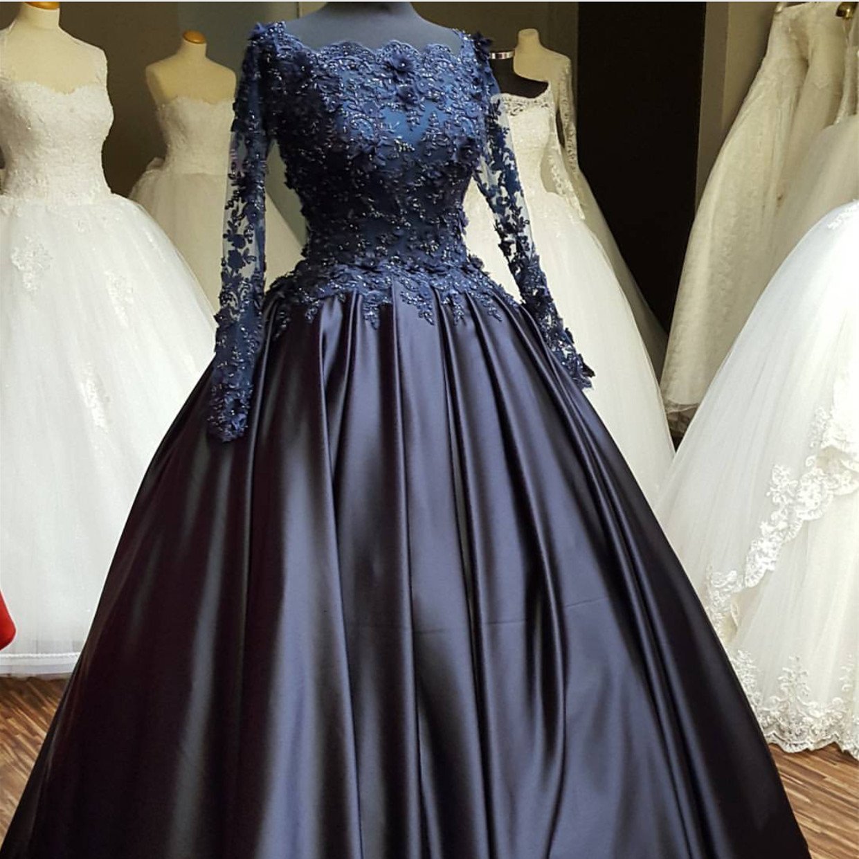 elegant lace beaded navy blue satin ball gowns long sleeves evening prom dresses