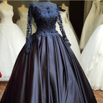 Afbeelding in Gallery-weergave laden, elegant lace beaded navy blue satin ball gowns long sleeves evening prom dresses
