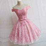 Load image into Gallery viewer, Elegant Pink Lace Appliques Satin Off The Shoulder Homecoming Dress Short Prom Dress
