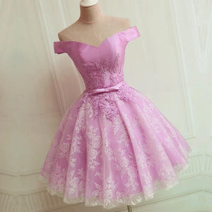Elegant Pink Lace Appliques Satin Off The Shoulder Homecoming Dress Short Prom Dress