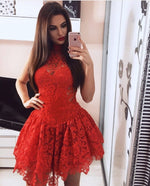 Cargar imagen en el visor de la galería, elegant high neck ruffle hem homecoming dresses lace prom gowns 2018
