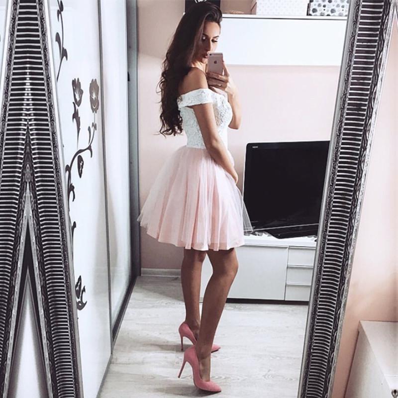 White Lace V-neck Off The Shoulder Tulle Homecoming Dresses