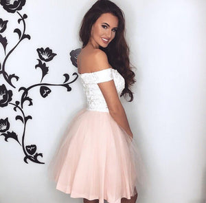 White Lace V-neck Off The Shoulder Tulle Homecoming Dresses