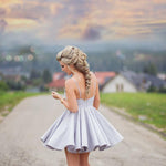 Load image into Gallery viewer, Silver Satin V-neck Homecoming Dresses Short Lace Appliques Prom Gowns
