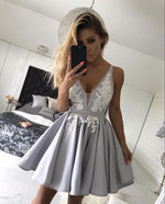 Load image into Gallery viewer, Silver Satin V-neck Homecoming Dresses Short Lace Appliques Prom Gowns
