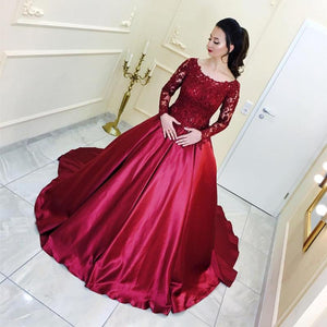 Burgundy Satin Ball Gown Wedding Dresses Lace Long Sleeves