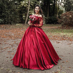 Load image into Gallery viewer, Burgundy-Wedding-Dresses-Ball-Gowns-Lace-Flowers-Embroidery-Long-Sleeves
