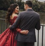 Load image into Gallery viewer, Burgundy Satin Lace Long Sleeves Wedding Dresses Ball Gowns
