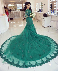 Elegant Long Sleeves V-neck Lace Mermaid Prom Dresses